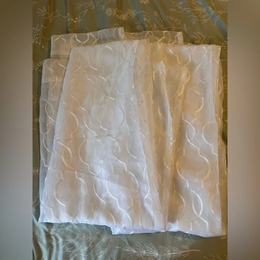 Sheer White Decorative Window Panels with Geometric Embroidery - 2 panels - Picture 1 of 1